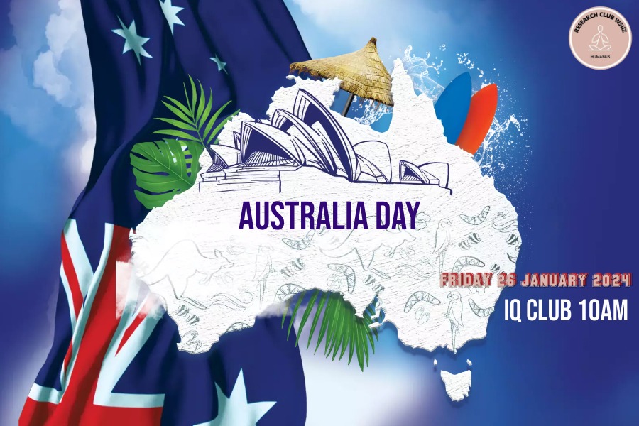 W centrum grafiki znajduje się kontur mapy Australii w kolorze białym, który zawiera fioletowy napis: AUSTRALIA DAY; zarys opery w Sydney oraz szkice: kangurów, bumerangów i papug. Tło grafiki jest w kolorach błękitnych i jasnobłękitnych oraz zawiera elementy takie jak: flaga Australii, liście, parasol i deski surfingowe. W prawym górnym rogu widać logo Research Club WSIiZ, natomiast w prawym dolnym rogu znajduje się informacja o dacie i miejscu spotkania: 26.01.2024, IQ Club, 10:00.