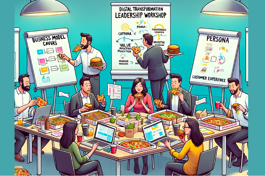Grafika przedstawia dziewięcioro ludzi, w tym trzy kobiety i sześciu mężczyzn. Siedem osób siedzi przy stole i je pizzę i burgery, trzech z nich dodatkowo pracuje na laptopie. Dwóch mężczyzn stoi przy tablicach typu flipchart, jednocześnie jedząc.