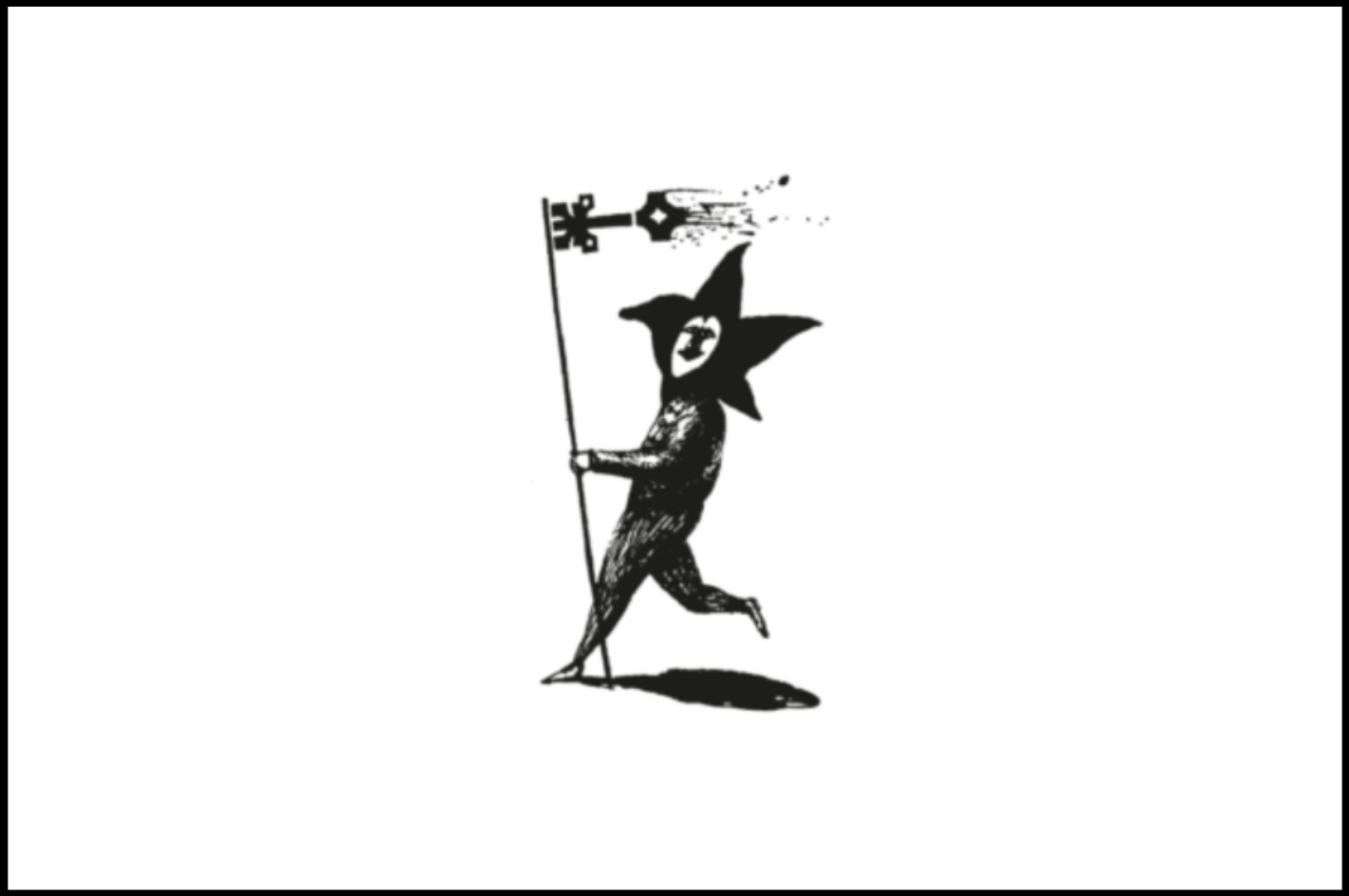 Na białym tle w centrum obrazka znajduje się naszkicowany, czarny błazen, który trzyma kijek zakończony abstrakcyjnym kształtem w kolorze czarnym.