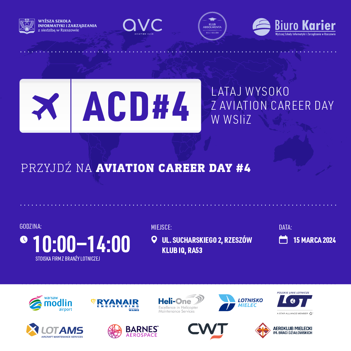 fioletowa grafika ikona samolotu ACD#4 Lataj wysoko z aviation career day w WSIiIZ