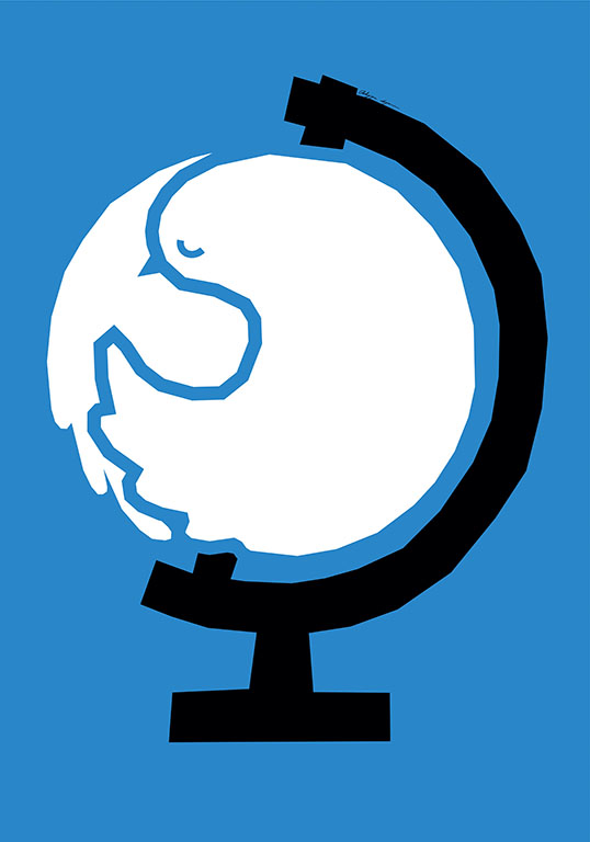 Plakat - na niebieskim tle globus, który ma formę białego gołębia ułożonego w okrąg