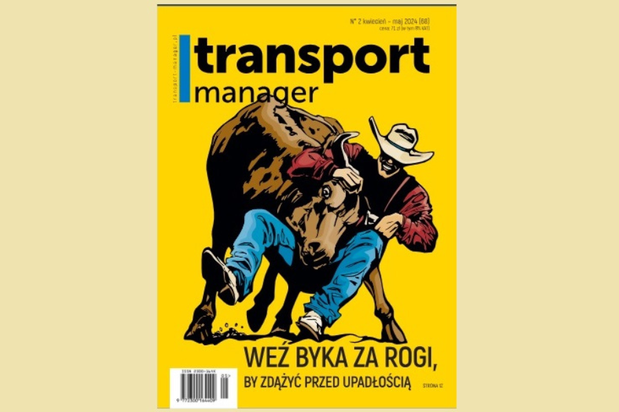Okładka czasopisma Transport Manager, grafika przedstawia mężczyznę siłującego się z bykiem