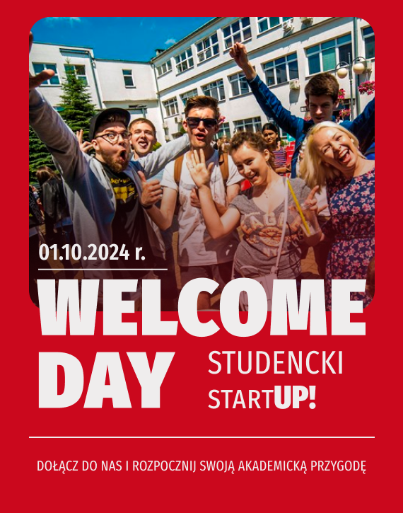 Baner - na czerwonym tle zdjęcie grupy studentów, obok napis zapraszający na Welcome Day 1 pażdziernika 2024 roku