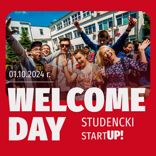 Baner - na czerwonym tle zdjęcie grupy studentów, obok napis zapraszający na Welcome Day 1 pażdziernika 2024 roku