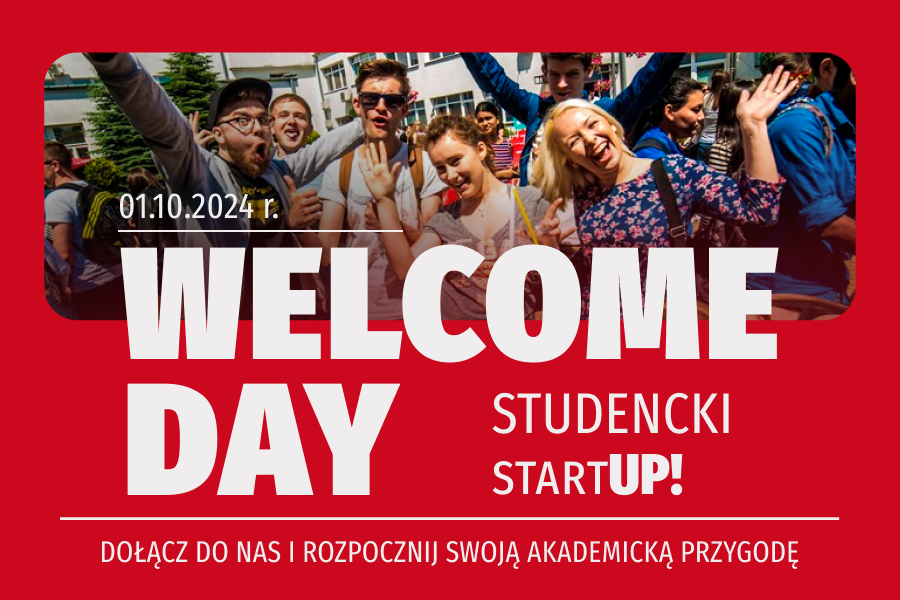 Baner - na czerwonym tle zdjęcie grupy studentów, obok napis zapraszający na Welcome Day 1 pażdziernika 2024 roku