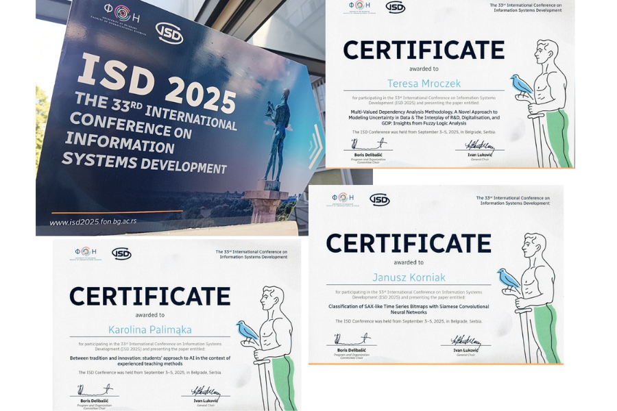 Certyfikaty ISD naukowców WSIiZ w składzie: w składzie: dr hab. inż. Teresa Mroczek, prof. WSIiZ, dr inż. Janusz Korniak, dr Karolina Palimąka