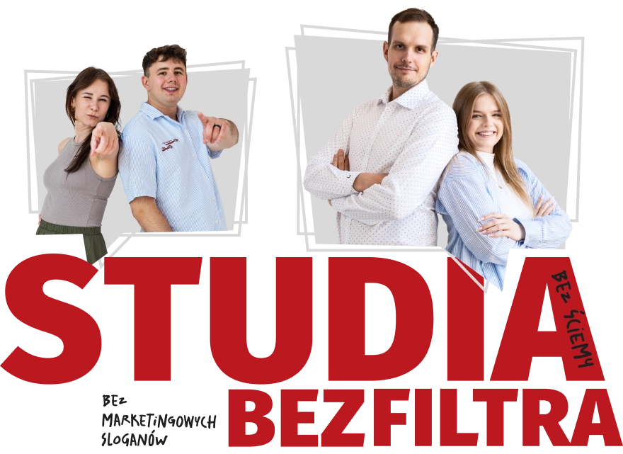 Na grafice dwoje młodych, uśmiechniętych ludzi i napis - Studia bez filtra