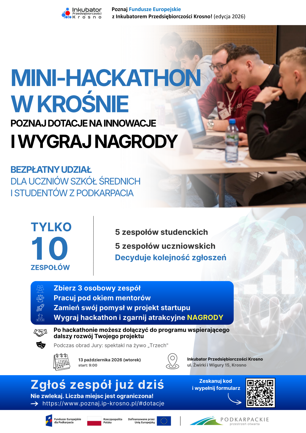 Plakat z informacjami o Mini-Hackathonie w Krośnie